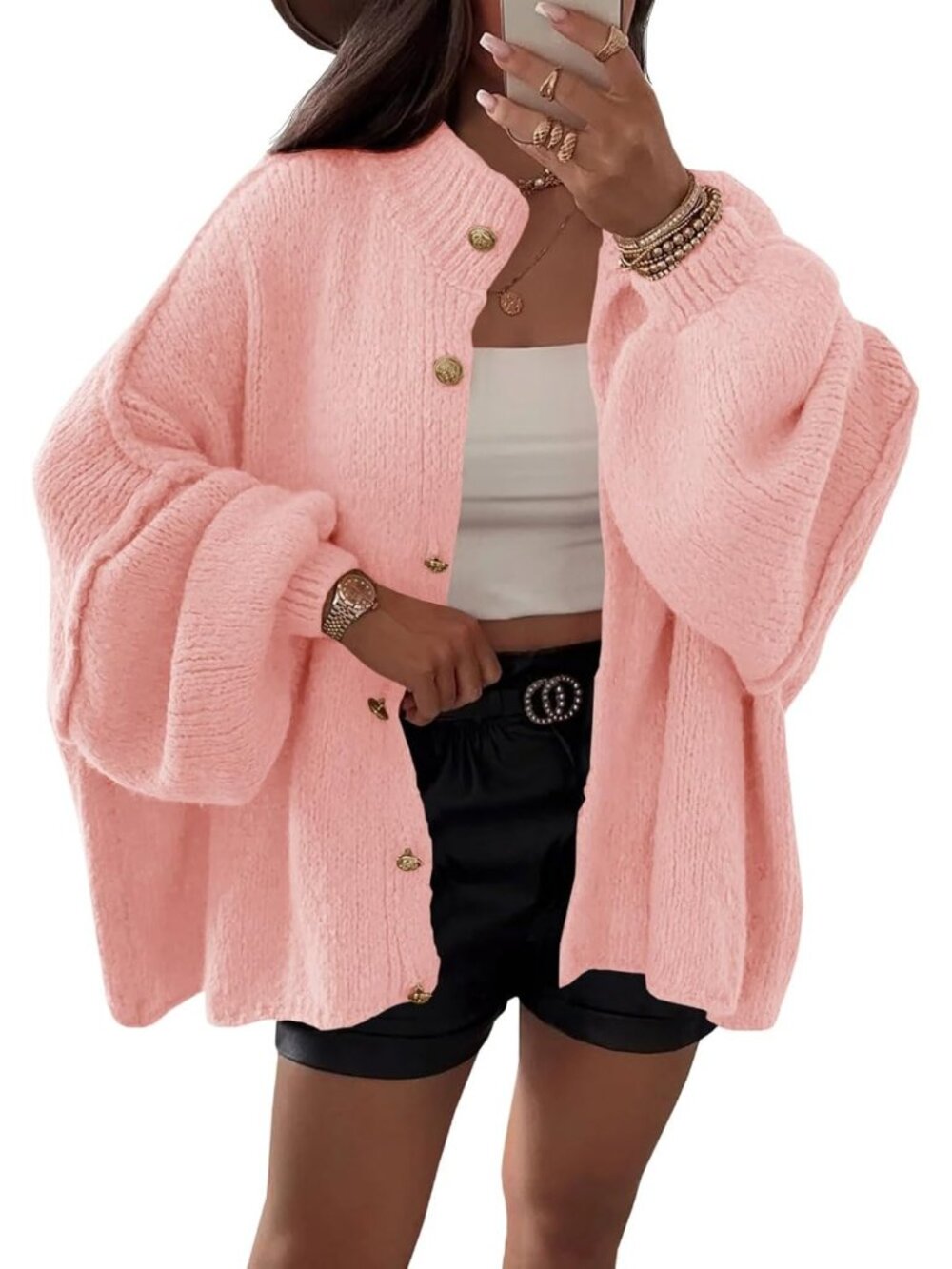 Women's Pink Lantern Sleeve Button Down Casual Chunky Knit Cardigan Sweater